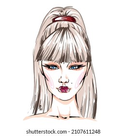Beautiful young Asian woman drawing sketch face. Hand-drawn modern fashion illustration of a girl model art portrait. Beauty background for natural design art. Abstract girl model fashion illustration