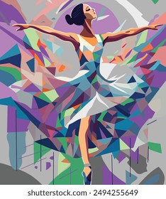 Hermosa bailarina joven bailando con fondo abstracto. Bailarina de ballet con colores morados.