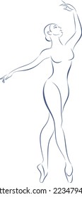 Beautiful young ballerina doing exersice. Line sketch of female body dancing classic ballet. Vector illustration 
