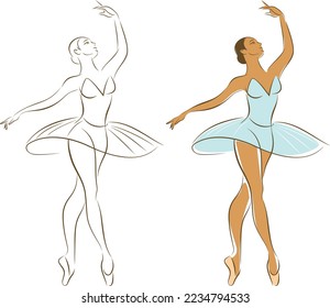 Beautiful young ballerina doing exersice. Line sketch of female body dancing classic ballet. Vector illustration 