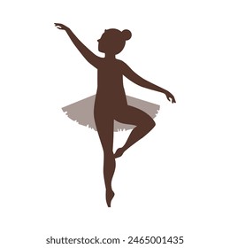 Beautiful young ballerina in tutu skirt standing on toes silhouette vector illustration. Cartoon ballet child performance. Classical ballet dance training. Kid in ballet class isolated on white
