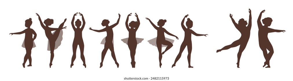 Beautiful young ballerina in tutu skirt in various poses silhouette vector illustrations set. Cartoon ballet child performance. Classical ballet dance training. Kid in ballet class isolated on white