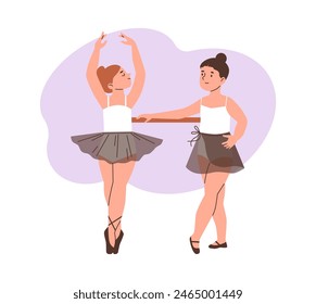 Hermosas bailarinas jóvenes en falda tutu de pie en la Ilustración vectorial de los pies. Caricatura de dos niñas de entrenamiento de danza de ballet clásico, practicando en clase. Niños de la gracia sobre fondo decorativo púrpura