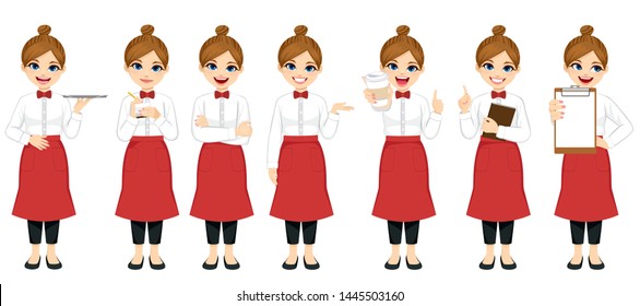 Beautiful young barista waitress set collection standing in different poses