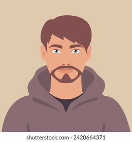 Beautiful young bearded man in a hoodie. Portrait or an avatar of a male. Vector illustration