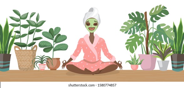 Beautiful young black african american woman with facial mask on her face relax. Skin care and treatment, spa, natural beauty and cosmetology concept. relaxing at home