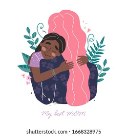 Beautiful young black african american woman and her charming little daughter. Girl hugs mom and smiles. Vector illustration in trendy style