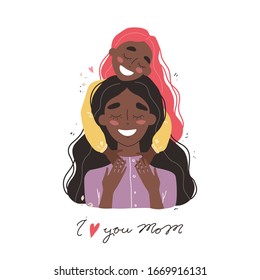 Beautiful young black african american woman and her charming little daughter. Girl hugs mom and smiles. Vector illustration in trendy style