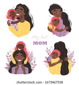 Beautiful young black african american woman and her charming little daughter. Girl hugs mom and smiles. Vector illustration in trendy style. Set of illustrations for mothers day