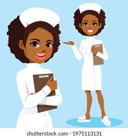 Beautiful young black African American nurse wearing white uniform holding folder