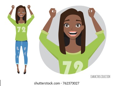 Beautiful young black african american woman in a casual cloth rejoices and happy.