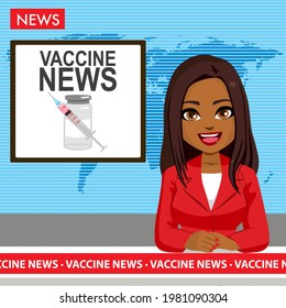 Beautiful young black female newscaster talking reporting vaccine news