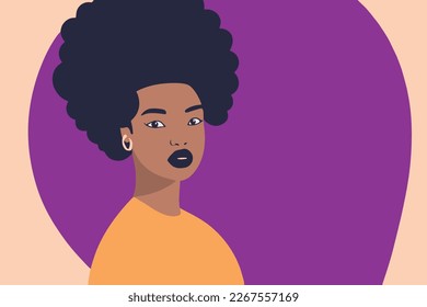 beautiful young black girl, afro hair, big lips, inspirational, flat design, minimalist, abstract background