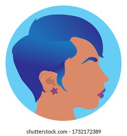 Beautiful young black girl with cool blue short hair. Flat design vector.