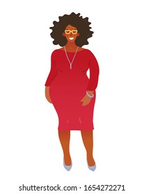 Beautiful young black woman in an elegant red dress. Teacher, business woman, body-positive female character. Flat cartoon vector illustration isolated on white background.