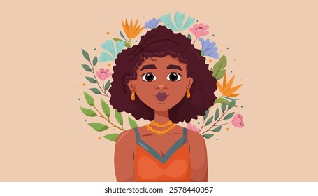 Beautiful young black woman with flowers on a light background. African feminine design. Abstract modern poster. Vector inventory