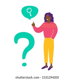 Beautiful young  black woman point a finger a speech bubble with search sign. Support for a questions . Female character with question sign on white background. Vector illustration.