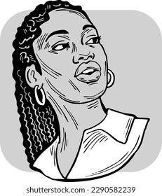Beautiful young black woman smiling with white teeth. Model girl for beauty salon, hairdressing, cosmetic shop. Girl with long dark hair and big eyes. Hand drawn illustration. Cartoon style drawing.