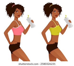 Beautiful young black woman in sport clothing, holding a bottle of water. Healthy lifestyle, fitness or slimming concept. Isolated on white.