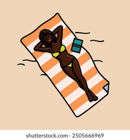 Hermosa mujer negra joven con bikini, acostada en la Ilustración vectorial de toalla de playa para el día de bikini el 5 de julio.