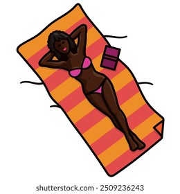 Hermosa mujer negra joven con bikini y acostada en la toalla de playa Ilustración vectorial aislada para el día del bikini el 5 de julio.