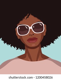 Beautiful young black woman with white sunglasses wearing sweater 