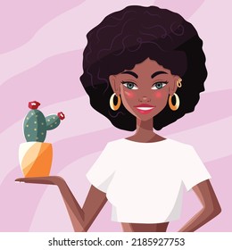 Beautiful young black woman in white shirt holding a cactus. Confident girl with afro hair and gold earrings on pink background. Colorful vector illustration. 
