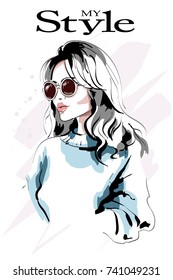 Beautiful Young Blond Hair Woman Portrait. Fashion Woman. Hand Drawn Fashion Girl In Sunglasses. Sketch.