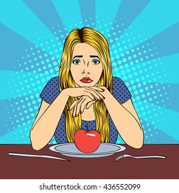 Beautiful Young Blond Woman in Diet with Apple on a Plate. Pop Art. Vector illustration