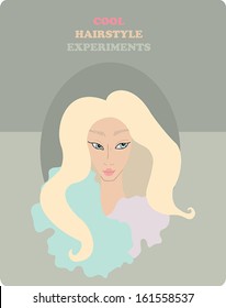 Beautiful young blond woman with lovely hairstyle on light background.Fashion model hand drawn design element,banner,cartoon,female character. Vector Illustration