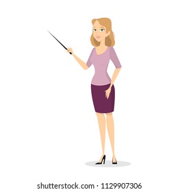 Beautiful young blonde business woman or teacher standing and holding a pointer in her hand. Female speaker doing presentation. Isolated vector illustration in cartoon style