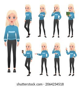 Beautiful young blonde in casual style clothes, set in different poses Vector illustration.