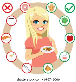 Beautiful young blonde caucasian woman with pregnancy diet what to eat food guide