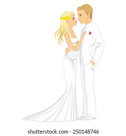 Beautiful young blonde couple in white dress tenderly looking to each other on their wedding day