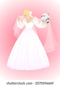 Beautiful young blonde girl woman bride in a long white wedding dress with a veil and a bouquet of roses flowers on a light pink background. Isolated vector illustration