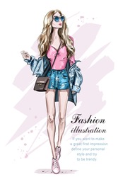 Beautiful Young Blonde Hair Woman With Bag. Hand Drawn Fashion Girl. Fashion Model Posing. Sketch. Vector Illustration. 