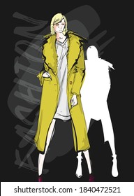 Beautiful young blonde hair woman in autumn coat. Hand drawn fashion girl. Fashion model posing. Sketch. Vector illustration. Fashion woman look. Sketch.