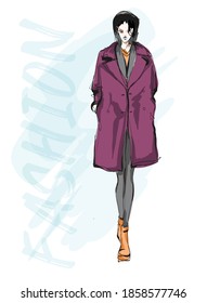 Beautiful young blonde hair woman in winter coat. Hand drawn fashion girl. Fashion model posing. Sketch. Vector illustration. Fashion woman look. Sketch.