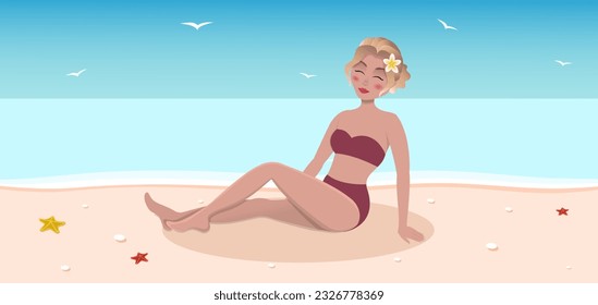 beautiful young blonde hair woman in swimsuit and sunglasses on the beach. Flat lay of beach, traveling accessories. Girl sunbathing on the sand. vacation. Seaside. website banner