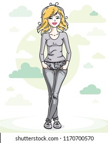 Beautiful young blonde woman standing on nature backdrop with blue sky and clouds. Vector character. 