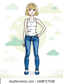 Beautiful young blonde woman standing on background with blue heavens clouds and wearing fashionable casual clothes. Vector human illustration. 