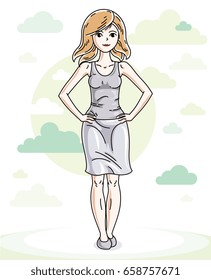 Beautiful young blonde woman standing on background with blue heavens clouds and wearing fashionable casual clothes. Vector human illustration. 