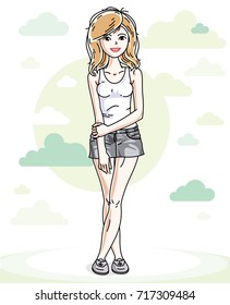 Beautiful young blonde woman standing on nature backdrop with blue sky and clouds. Vector character. 