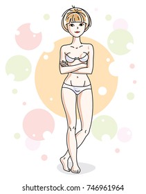 Beautiful young blonde woman standing in white bra and panties on colorful background with bubbles. Vector human illustration. 