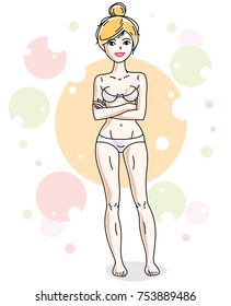 Beautiful young blonde woman standing in white bra and panties on colorful background with bubbles. Vector human illustration. 