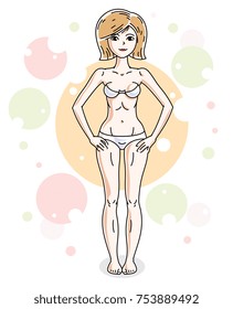 Beautiful young blonde woman standing in white bra and panties on colorful background with bubbles. Vector human illustration. 