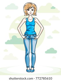 Beautiful young blonde woman standing on background with blue heavens clouds and wearing fashionable casual clothes. Vector human illustration. 