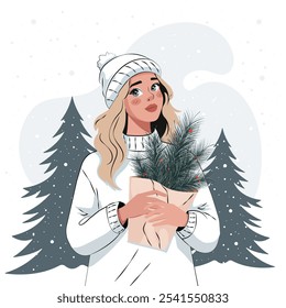 A beautiful young blonde woman in a warm knitted hat and an oversized sweater holds fir branches in her hands and looks at the falling snowflakes. Cartoon, vector.
