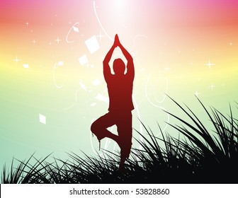 Beautiful young boy doing yoga exercise outdoors , vector illustration.