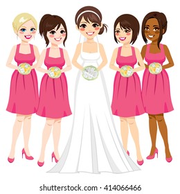 Beautiful young bride with friends bridesmaid group